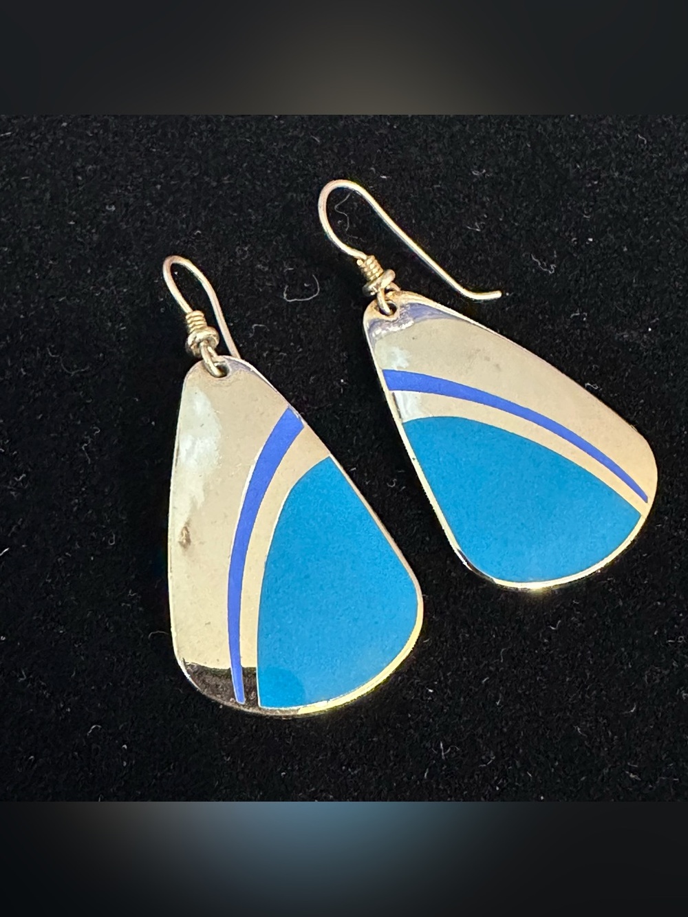 Vintage 80s Laurel Burch Turquoise Wave Cloisonne Dangle Earrings French Wire